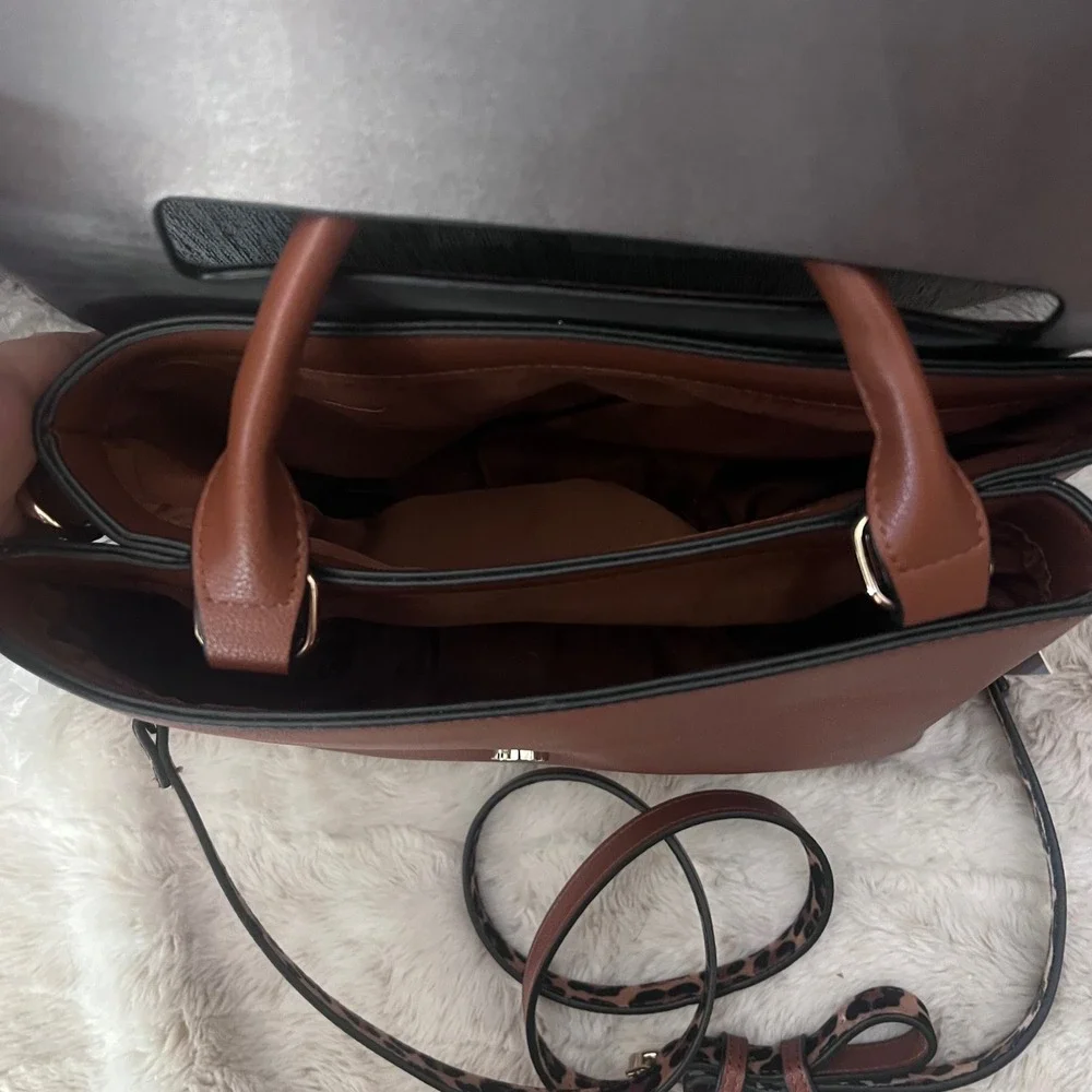 Luella Grey London Brown Mixed Media Satchel Bag Vegan Leather Leopard Strap NEW